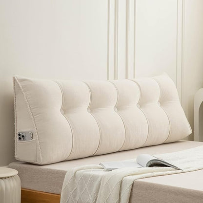 Headboard Pillow Twin, Chenille Triangular Wedge Pillow Headboard Twin Size, Reading Setting Backrest Daybed Pillows for Bed Sofa with Removable Coverr, Beige