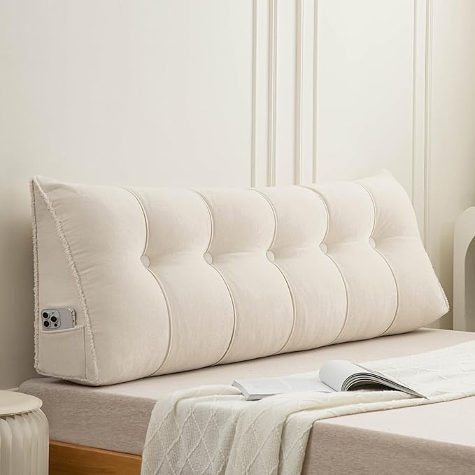 Headboard Pillow Queen, Chenille Triangular Wedge Pillow Headboard Queen Size, Reading Setting Backrest Daybed Pillows for Sofa Bed with Removable Cover, Beige