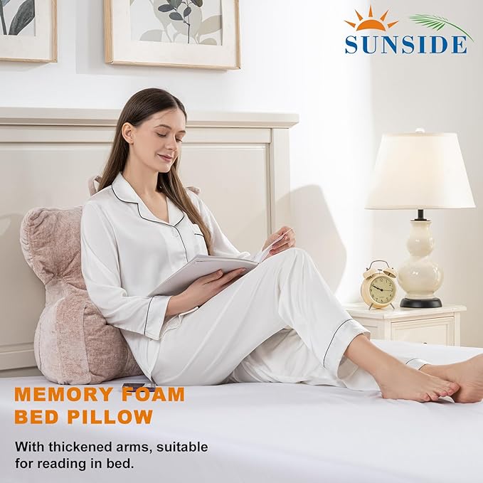 SUNSIDE Reading Pillow with Thickened Arm,Back Pillows for Sitting in Bed,Shredded Memory Foam Bed Rest Pillow with Side/Back Pocket,Backrest Cushion Suitable for Reading, Relaxing(Standard Pink)