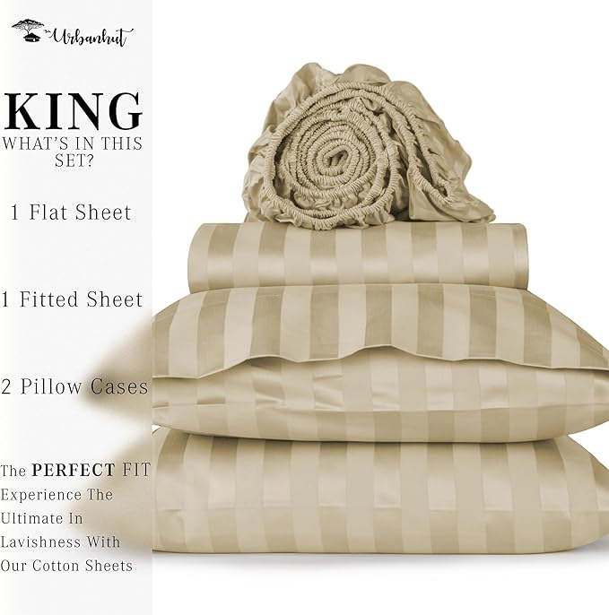 URBANHUT 1000 Thread Count Damask Striped King Size Egyptian Cotton Sheets, Long Staple Soft & Breathable, 4 Pc Bed Sheet Sets, Luxury Hotel Sateen Sheets Fits 16" Deep Pocket - Sand