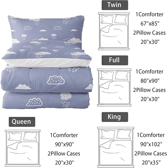 Cute Clouds Printed Bedding Comforter Set Queen Size for Teens and Adults,Clouds Printed Quilt Set for Bedroom 100% Soft Microfiber All Season with 1 Comforter and 2 Pillowcases