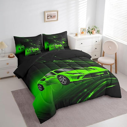 Feelyou Boys Green Race Car 7 Piece Bedding Set Twin Size Speed Sports Car Comforter Set with Sheets for Kids Teens Adult Fast and Furious Bed in a Bag Green Ombre Bed Set