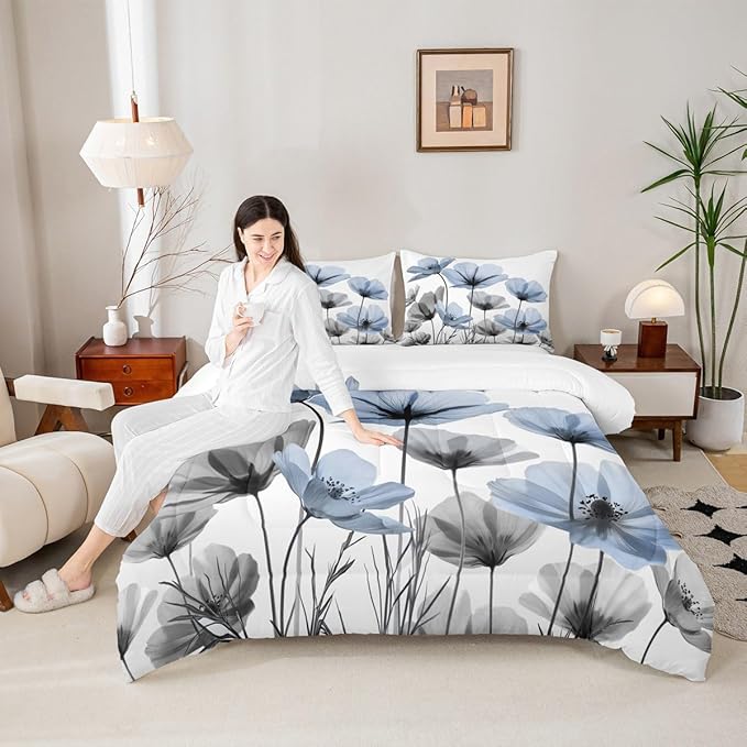 Erosebridal Blue Floral Queen Comforter Set,Blue and Grey Flower Bedding Sets for Kids Girls Women,Vintage Flowers Bed Set,Rustic Country Wildflower Room Decor with 2 Pillowcases,Lightweight