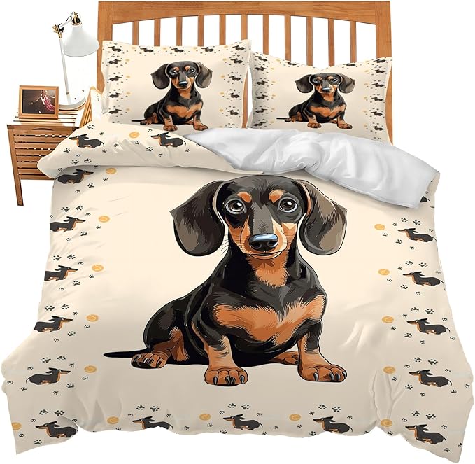 Dachshund Bedding Set Puppy Daschund Animal Theme Comforter Set Covers for Kids Girls Women Wiener Dog Duvet Cover Bedroom Decor Soft King Size Quilt Cover with 2 Pillowcases