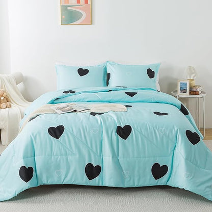 Caressma Blue Love Comforter Set Queen Size, Cute Heart Pattern Bedding Comforter for Girls Women, 3 Pieces Soft Microfiber Fluffy Lovely Comforter Set for All Seasons Room Decor
