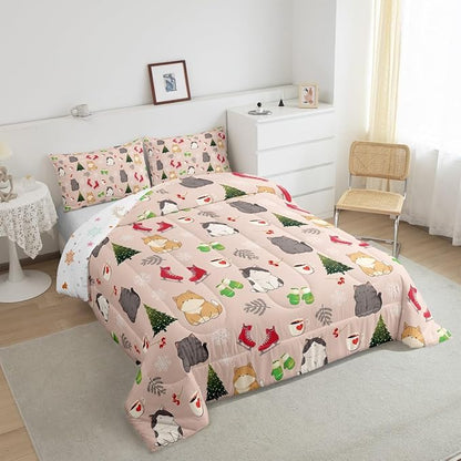 Erosebridal Christmas Cat Queen Comforter Set for Kids Boys Girls,Merry Christmas Bedding Set,Winter Snowflake Down Comforter,Xmas Tree Holiday Reversible Bed Set with 2 Pillowcases for Bedroom