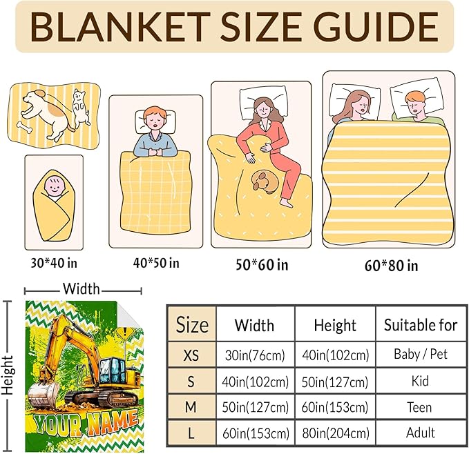 Boys Blanket Gifts Personalized Excavator Blankets for Kids Toddlers Boys - 30" x 40" Custom Name Cute Construction Car Themed Soft Lightweight Flannel Throws for Couch, Sofa, Bed, Office, Travel