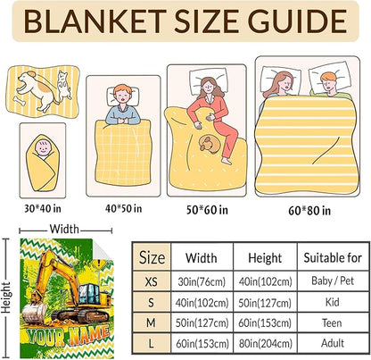 Boys Blanket Gifts Personalized Excavator Blankets for Kids Teens Adults - 60" x 80" Custom Name Cool Construction Car Themed Soft Lightweight Flannel Throws for Couch, Sofa, Bedroom Decor