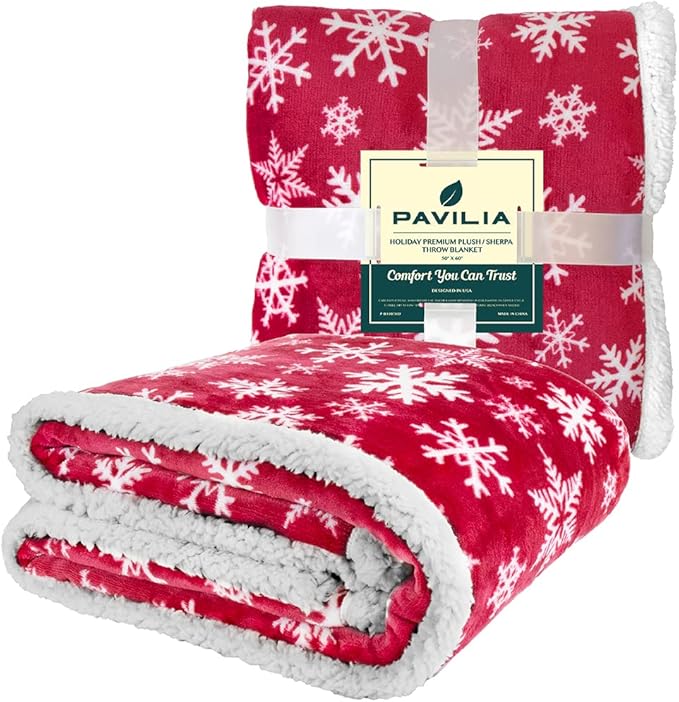 PAVILIA Red Snowflake Christmas Sherpa Throw Blanket, Ultra Soft Reversible Fleece Sherpa 50x60 Winter Blanket for Couch & Bed, Cozy Christmas Home Decor