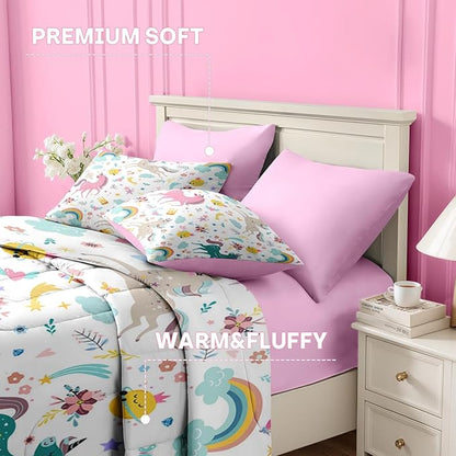 Nesker 7 Pcs Comforter Set Queen Size, Cute Colorful Unicorns Bedding Set for Kids Teen, Cloud Rainbow with Fitted Sheet 2 Pillowcases & 2 Shams for Bedroom Bed Decor