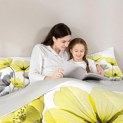 Erosebridal Yellow Boho Floral Full Bedding Set,Yellow and Gray Flower Comforter Set for Kids Girls Women,Vintage Flowers Quilt,Bohemian Wildflower Bedroom Decor with 2 Pillowcases,Breathable