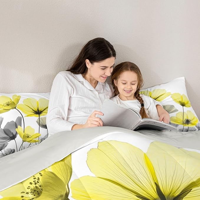 Erosebridal Yellow Boho Floral Queen Comforter Set,Yellow and Grey Flower Bedding Sets for Kids Girls Women,Vintage Flowers Bed Set,Bohemian Wildflower Room Decor with 2 Pillowcases,Breathable