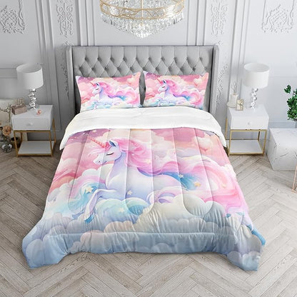 Kid Unicorn Comforter Set Twin Size 3Pcs Pink Galaxy Bedding Set Glitter Star Cloud Love Quilt Bed Set for Boys Girls with 1 Comforter and 2 Pillowcases