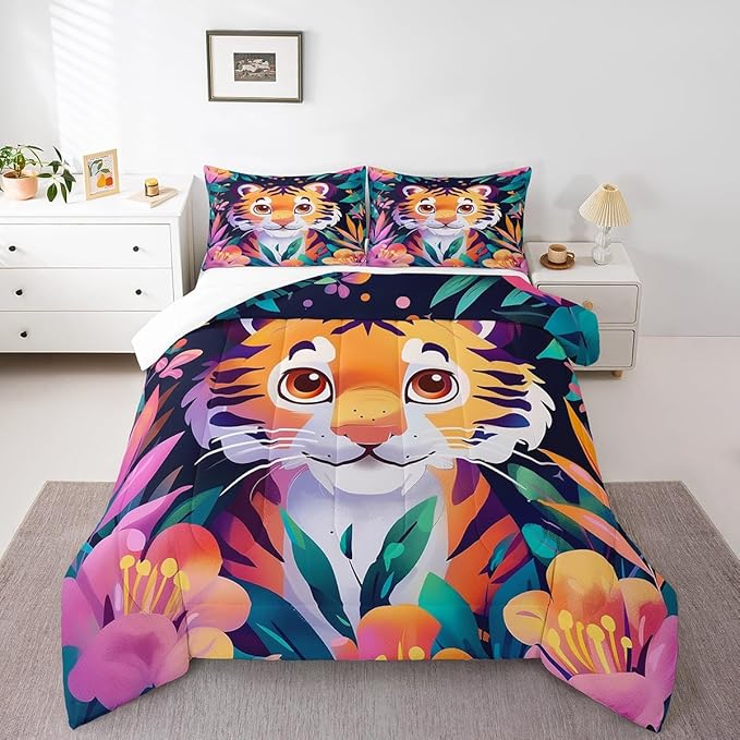 Tropical Tiger Bedding Set Queen Size Cute Jungle Animal Comforter for Child Teens Watercolor Blooming Flowers Down Comforter Green Leaves Duvet Insert with 2 Pillowcases