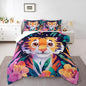 Tropical Tiger Bedding Set Queen Size Cute Jungle Animal Comforter for Child Teens Watercolor Blooming Flowers Down Comforter Green Leaves Duvet Insert with 2 Pillowcases