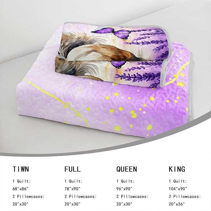AILONEN Girls Horse Quilt Bedding Set Twin Size,Galloping Horse Bedspread Coverlet,3Pcs Purple Butterfly Lavender Flowers Animal Themed Bed Cover (1 Quilt + 2 Pillowcases)