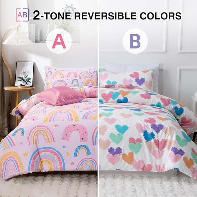A Nice Night Lightweight Soft Cartoon Rainbow 6Pcs Full Comforter Sets, Love Hearts Printed Bedding Set for Boys Girls,Pink