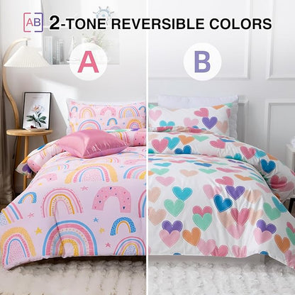 A Nice Night Lightweight Soft Cartoon Rainbow 6Pcs Full Comforter Sets, Love Hearts Printed Bedding Set for Boys Girls,Pink