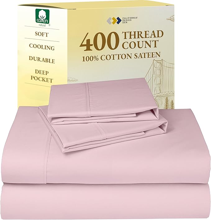 California Design Den Full Size Bed Sheets Set - Soft 400 Thread Count Sateen, Natural 100% Cotton Sheets with Deep Pockets, Breathable, and Durable Bedding Set - Pink