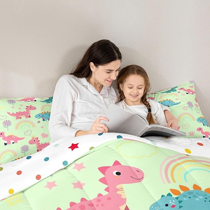 Castle Fairy Kawaii Dino Bedding Sets Full Size,Cute Rainbow Floral Love Heart Reversible Down Comforter Breathable Polyester Quilt Set,Pink Green Dinosaur Lovely Animal Duvet Insert,2 Pillowcases