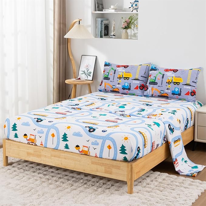 Holawakaka Trucks Tractors Cars Boy Bedding Comforter Set with Sheets, Full Size Cartoon Construction Car Excavator Print Kids Bed in A Bag 5-Piece, Boys Reversible Dorm Bed Sets (Red Full)