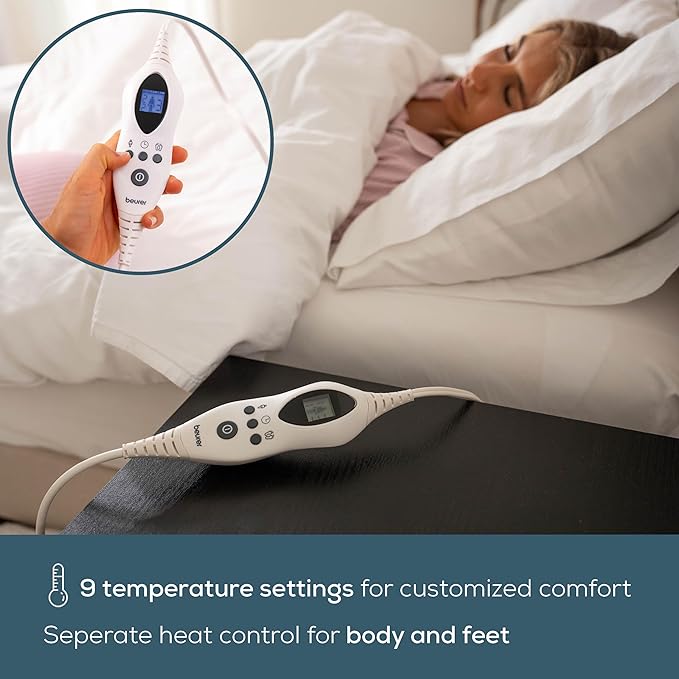 Beurer UWB70 Heated Mattress Pad Queen, Dual Control Electric Mattress Cover with Separate Feet/Body Heat, Auto Shut Off, 9 Warming Levels, Overheat Protection, and Soft Quilted Fabric, 60" x 80"