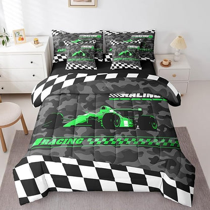 Feelyou Green Racing Car 7 Piece Bedding Set King Size Kids Boys Cartoon Race Car Comforter Set with Sheets for Teens Toddler Extreme Sports Bed in a Bag Camouflage Bed Set