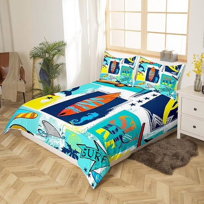 Surfing Sports Duvet Cover Twin Size,Colorful Surf Themed Graffiti Painting Comforter Cover Set for Kids Boys Girls,Surfboard Fish Stars Plaid Bedding Quilt Cover Set Bedroom Decor, 2 Pieces