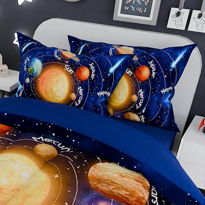 SANDJEST Solar System Comforter Set Full, Ultra Soft Microfiber Bedding Sets with 4-Pieces, Comforters Bed Sets for Kids Children Boy Bedroom Decor