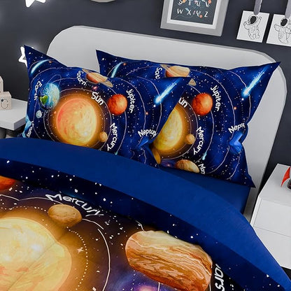 SANDJEST Solar System Comforter Set Full, Ultra Soft Microfiber Bedding Sets with 4-Pieces, Comforters Bed Sets for Kids Children Boy Bedroom Decor