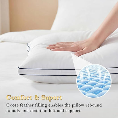 Feather Pillows Standard Size Set of 2 Goose Down Pillows with 100% Breathable Cotton Cover, Hotel Collection Bed Pillows for Sleeping, Soft Support for Back, Stomach and Side Sleepers