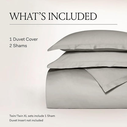 BOLL & BRANCH Signature Hemmed Duvet Set - Full/Queen, Pewter - Luxury 100% Organic Cotton - 1 Duvet Cover, 2 Shams - Buttery Soft, Hidden Closures
