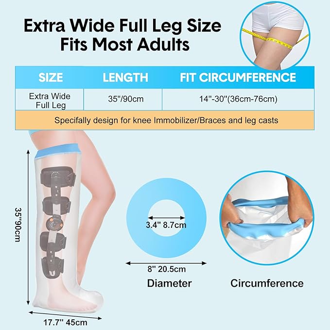 Waterproof Extra Wide Full Leg Cast Cover for Shower Adults, Extra Large Full Leg Shower Cover, Watertight Silicone Foot Protector for Plus Size Adults Surgery Shower Boot