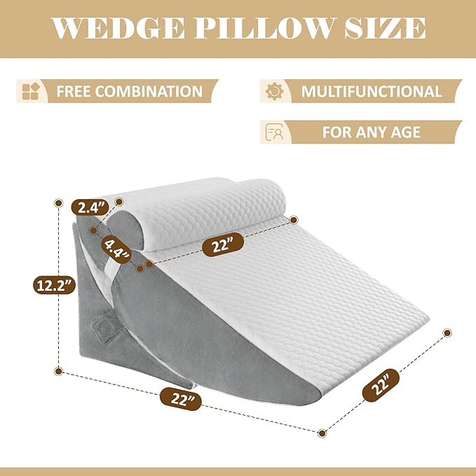 Bed Wedge Pillow for Sleeping, Adjustable Wedge Pillow Set for After Surgery, Elevated Triangle Pillow for Acid Reflux and Back Pain Relief, Post Surgery, Sleep Apnea, Back Suppor
