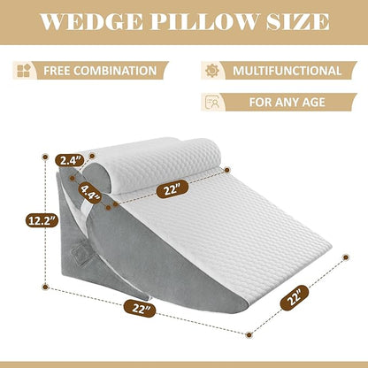Bed Wedge Pillow for Sleeping, Adjustable Wedge Pillow Set for After Surgery, Elevated Triangle Pillow for Acid Reflux and Back Pain Relief, Post Surgery, Sleep Apnea, Back Suppor