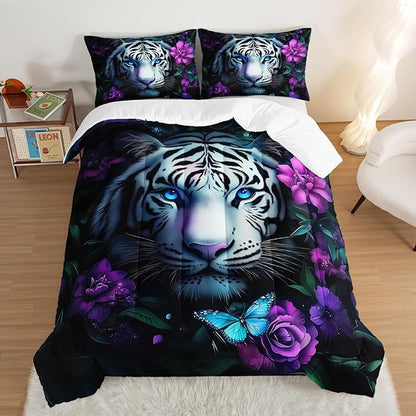 Wild Animal Themed Comforter Set King Size,White Leopard Floral Print Bedding Sets for Kids Teens Room Decor,Gothic Bedding All Season with 2 Pillowcases.