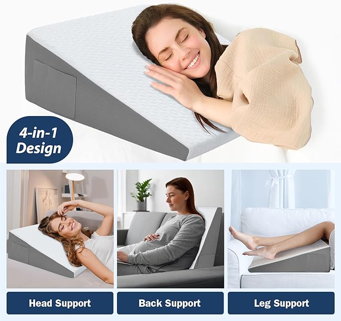 Wedge Pillow for Sleeping, 10" Bed Wedge After Surgery, Back Pain Relief, Memory Foam Pillow Triangle Incline Wedge for Back Support, Leg Elevation