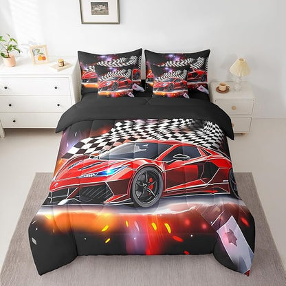 Feelyou Red Racing Car 7 Piece Bedding Set Twin Size Extreme Sport Comforter Set with Sheets for Kids Boys Girls Teens Toddler Fast and Furious Bed in a Bag Black White Flag Bed Set