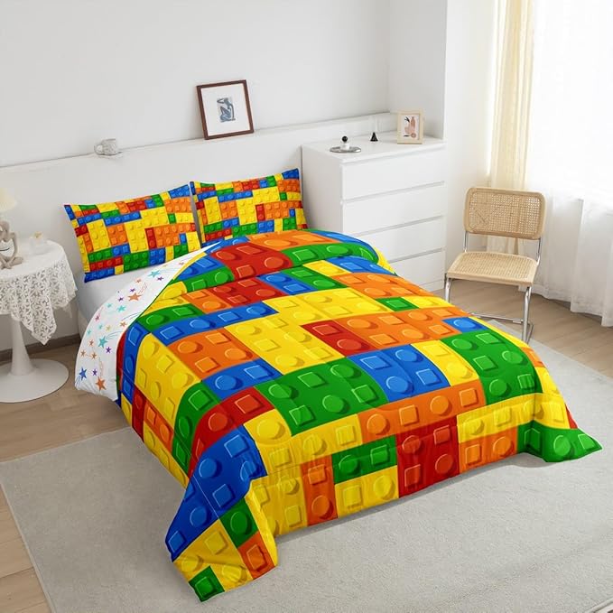 Feelyou Games Comforter Set Full Size Building Blocks Bedding Set for Kids Boys Girls Colorful Geometric Toy Brick Comforter Inner Fill Toddler Gaming Bedroom Nursery Quilt Duvet Set with 2 Pillowcase