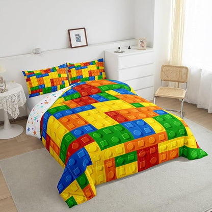 Feelyou Games Comforter Set Twin Size Building Blocks Bedding Set for Kids Boys Girls Colorful Geometric Toy Brick Comforter Gaming Nursery Quilt Duvet Set with 1 Pillowcase Boys