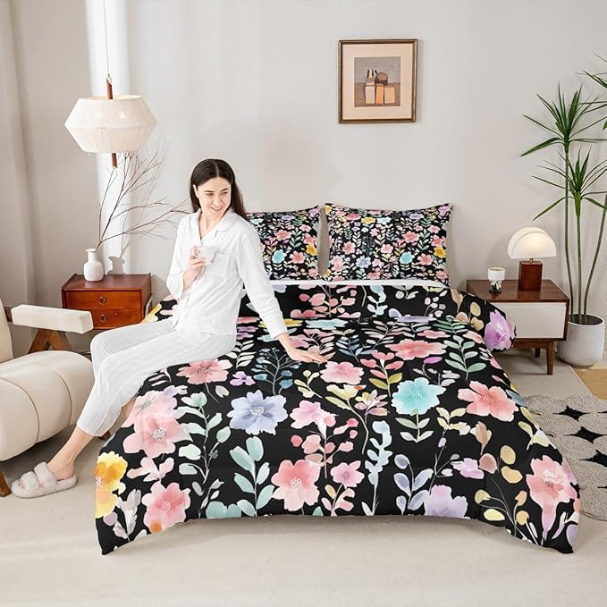 Erosebridal Black Floral Queen Comforter Set,Cute Pink Flower Boho Bedding Sets for Kids Girls,Colorful Flowers Wildflower Bed Set,Botanical Plant Leaves Room Decor,2 Pillowcases Breathable