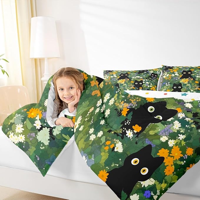 Castle Fairy Cute Cats Kids Comforter Set Twin Size,Watercolor Flowers Green Leaves Plant Reversible Bedding Sets for Teens Bedroom Decor,Black Kawaii Animal Oil Painting Quilted Duvet,1 Pillowcase