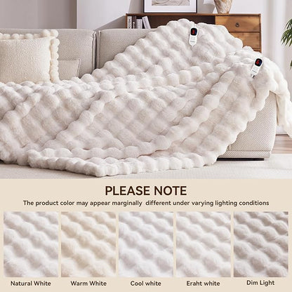 Heated Blanket King Size with 1/2/4/6/8 Hours Auto-Off 10 Heat Level, 91'' * 101'' Cozy Faux Rabbit Fur Bubble Electric Blanket with Overheat Protection(White)