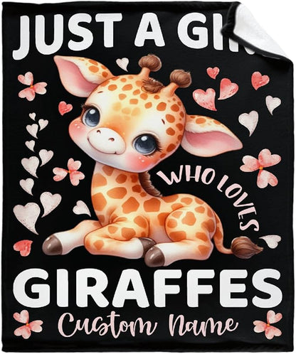 Giraffe Custom Blanket with Name Throw Blanket for Girls Just A Girl Who Loves Giraffe Gifts for Women Soft Comfortable for Bedding Couch Camping Traveling 50x60inches