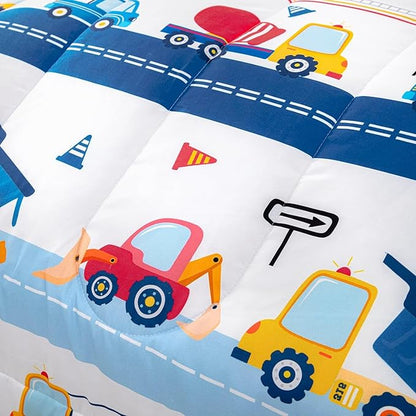 Axolotl Cartoon Car Kids Comforter Set Full,Construction Bedding Set Trucks Excavator Tractor Bed Set with 1 Quilt 2 Pillowcases for Boys Girls Teens Adults Bedroom Decor(Blue Red)