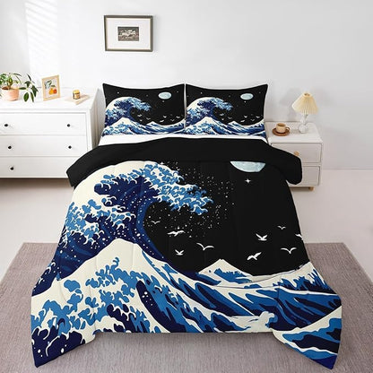 Feelyou Japanese Wave Comforter Set King Size Japanese Style Comforter for Boys Girls Teens Ocean Wave Bedding Set Sea Waves Duvet Set Room Decor Blue Black Quilt Set