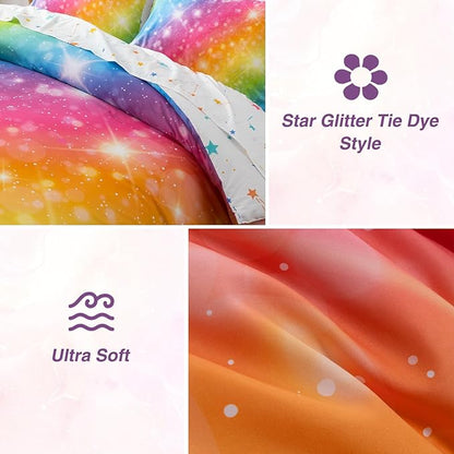 A Nice Night 6Pcs Gradient Glitter Bedding Set for Girls, Colorful Rainbow Galaxy Comforter Set, Ultra Soft Bedding Sets (Multi,Queen 6Pcs)