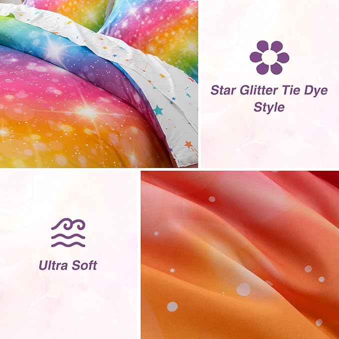 A Nice Night 6Pcs Gradient Glitter Bedding Set for Girls, Colorful Rainbow Galaxy Comforter Set, Ultra Soft Bedding Sets (Multi,Full 6Pcs)