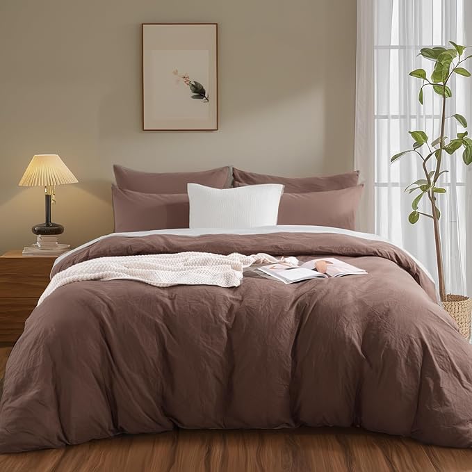 NEXHOME PRO Oversized King Duvet Cover Set, 100% Certified Organic Cotton with Washed Feel & Linen-Like Texture, Comfortable & Breathable, Home Bedding Set Dark Brown (No Comforter)