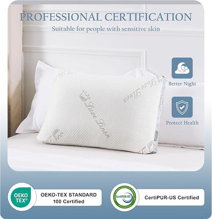 Organic Cotton Pillows Queen Size Set of 2, Shredded Memory Foam Pillows, Adjustable Bed Pillows for Sleeping, 20"x30"Organic Cotton Bed Pillows for Side, Back, Stomach Sleepers
